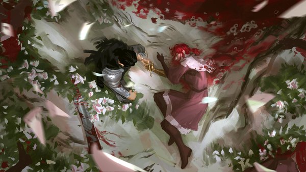 Anime picture 4096x2304 with elden ring tarnished (elden ring) millicent (elden ring) anninosart highres short hair black hair wide image multiple girls absurdres full body ponytail red hair lying from above on side bloody weapon girl weapon 2 girls