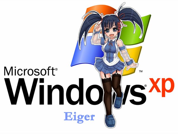 Anime picture 1024x768 with os-tan windows (operating system) futaba channel windows xp xp-tan (saseko) blue eyes white background twintails blue hair pleated skirt girl thighhighs skirt ribbon (ribbons) black thighhighs detached sleeves miniskirt garter straps vest