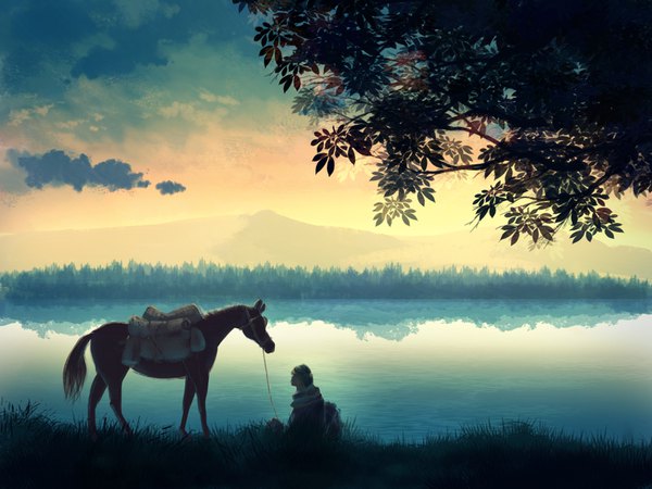 Anime-Bild 1600x1200 mit original aratascape sitting sky cloud (clouds) outdoors reflection horizon landscape fog lake girl plant (plants) animal tree (trees) horse