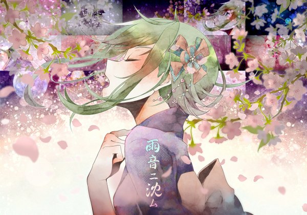 Anime picture 1300x910 with vocaloid gumi nou single blush short hair eyes closed japanese clothes profile green hair inscription singing girl hair ornament flower (flowers) petals branch