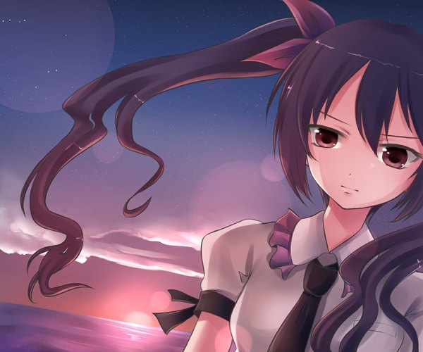 Anime picture 1127x941 with touhou himekaidou hatate k-sk style single long hair black hair red eyes twintails evening sunset girl necktie