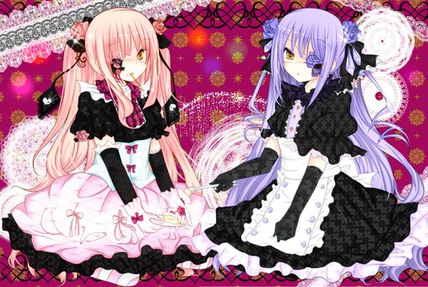 Anime picture 1490x1000 with rozen maiden kirakishou barasuishou sakuragi yuzuki long hair multiple girls yellow eyes pink hair purple hair hair flower loli girl dress gloves hair ornament 2 girls elbow gloves rose (roses) eyepatch candy