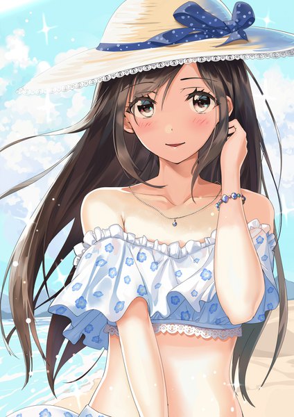 Anime picture 706x1000 with original kinugasa yuuichi single long hair tall image looking at viewer blush fringe open mouth smile brown hair standing bare shoulders brown eyes payot sky cloud (clouds) upper body outdoors sparkle