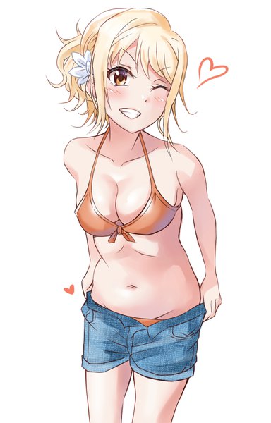 Anime picture 609x952 with love live! nijigasaki high school idol club love live! miyashita ai aranami shibuki single tall image looking at viewer blush fringe short hair breasts light erotic simple background blonde hair smile standing white background bare shoulders brown eyes payot