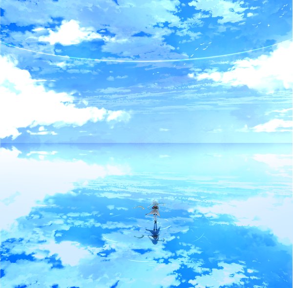 Anime picture 1390x1366 with original kabuchi hina (artist) single long hair twintails blue hair sky cloud (clouds) reflection scenic ripples girl thighhighs dress animal water bird (birds) sun