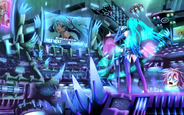 Anime picture 1280x800 with vocaloid hatsune miku megurine luka langjiao long hair wide image twintails green hair from behind outstretched arm girl thighhighs microphone microphone stand monitor
