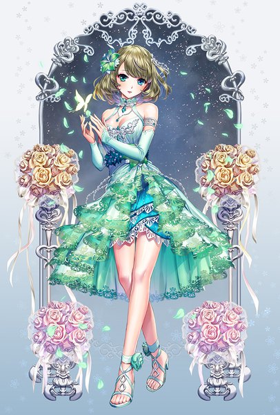 Anime picture 745x1100 with idolmaster idolmaster cinderella girls takagaki kaede esphy single tall image looking at viewer blush fringe short hair breasts blue eyes brown hair standing bare shoulders cleavage full body parted lips hair flower aqua eyes