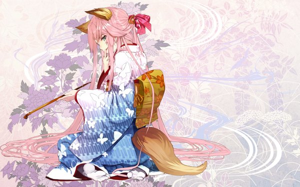 Anime picture 1920x1200 with original shirabi single highres smile wide image bare shoulders green eyes animal ears pink hair tail very long hair japanese clothes animal print butterfly print girl flower (flowers) ribbon (ribbons) plant (plants) hair ribbon