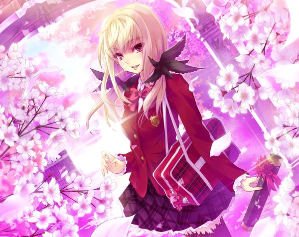 Anime picture 2000x1587 with original urabi (tomatohouse) single long hair highres blonde hair red eyes twintails low twintails cherry blossoms spring graduation girl uniform school uniform petals bag