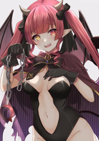 Anime picture 1414x2000 with virtual youtuber hololive houshou marine miyagi ratona single long hair tall image looking at viewer breasts light erotic large breasts twintails payot red hair horn (horns) pointy ears heterochromia hand on chest halloween demon wings