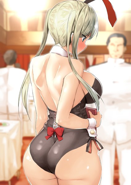 Anime picture 752x1062 with kantai collection graf zeppelin (kantai collection) admiral (kantai collection) body mahattaya ginga long hair tall image blush breasts blue eyes light erotic blonde hair large breasts bare shoulders holding ass indoors braid (braids) alternate costume twin braids bare back
