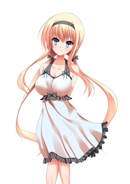 Anime picture 849x1200 with original yappen single long hair tall image looking at viewer blush blue eyes simple background blonde hair smile white background twintails low twintails girl dress hairband sundress