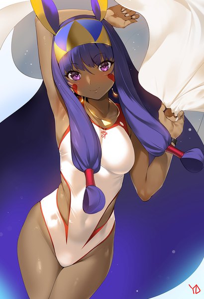 Anime picture 900x1314 with fate (series) fate/grand order nitocris (fate) nitocris (swimsuit assassin) (fate) yd (orange maru) single tall image looking at viewer blush fringe breasts light erotic hair between eyes standing purple eyes twintails holding signed animal ears very long hair
