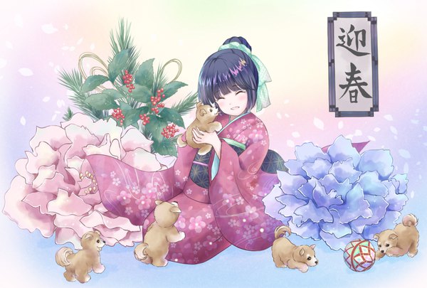 Anime picture 1049x709 with original shino (shinderera) single fringe short hair black hair smile sitting full body blunt bangs eyes closed traditional clothes japanese clothes hair bun (hair buns) ^ ^ new year seiza girl flower (flowers) ribbon (ribbons)