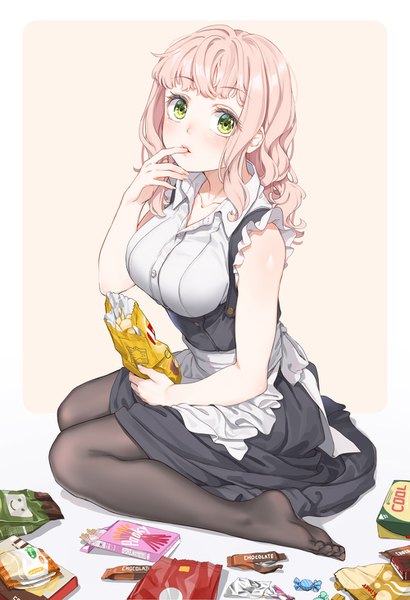 Anime picture 1000x1462 with original fangxiang cuoluan single long hair tall image looking at viewer blush fringe breasts simple background large breasts sitting bare shoulders green eyes pink hair full body blunt bangs arm up maid no shoes