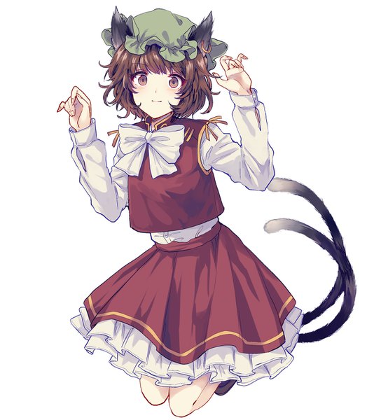 Anime picture 1200x1349 with touhou chen uranaishi (miraura) single tall image looking at viewer short hair simple background brown hair white background brown eyes animal ears full body tail animal tail cat ears arms up cat girl cat tail jumping