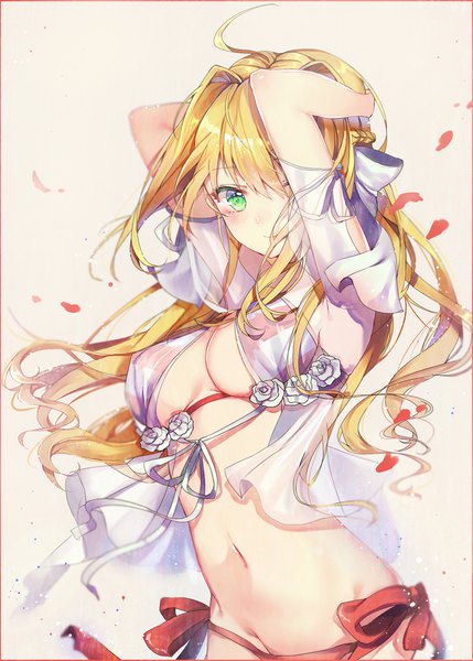 Anime picture 1456x2034 with fate (series) fate/grand order nero claudius (fate) (all) nero claudius (swimsuit caster) (fate) takitou single long hair tall image looking at viewer blush fringe breasts light erotic simple background blonde hair green eyes cleavage ahoge one eye closed wind