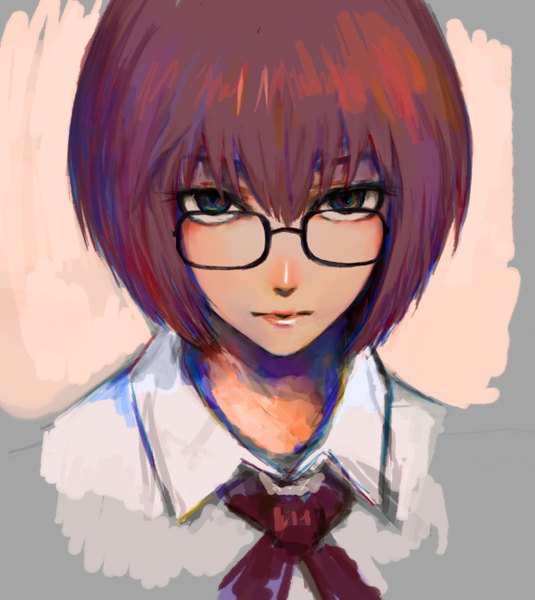 Anime picture 2296x2573 with aku no hana zexcs nakamura sawa ya ya zi single tall image looking at viewer fringe highres short hair brown hair green eyes red hair portrait sketch girl shirt glasses white shirt bowtie