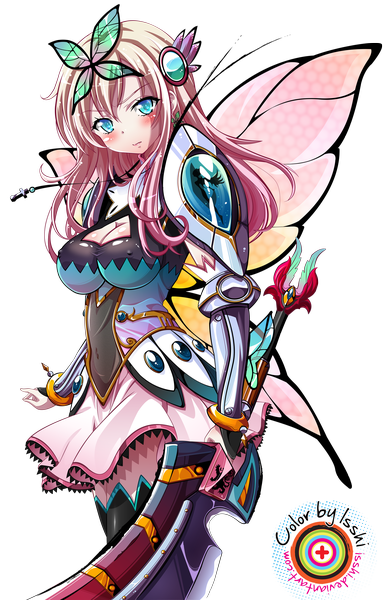 Anime picture 2034x3140 with boku wa tomodachi ga sukunai kashiwazaki sena isshi single long hair tall image blush highres blue eyes light erotic blonde hair multicolored hair transparent background insect wings butterfly wings girl hair ornament weapon hairclip armor