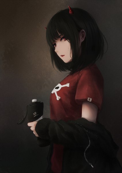 Anime picture 1240x1753 with original shimmer single tall image looking at viewer fringe short hair black hair simple background red eyes holding signed upper body blunt bangs parted lips horn (horns) lipstick gradient background sweatdrop red lipstick