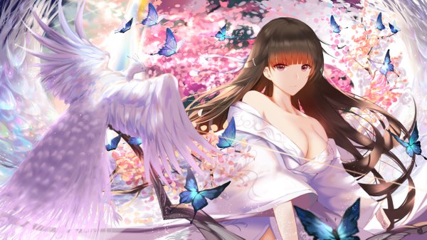 Anime picture 4900x2756 with original an yasuri single long hair looking at viewer fringe highres light erotic brown hair wide image purple eyes bare shoulders absurdres cleavage blunt bangs traditional clothes japanese clothes light smile wide sleeves girl