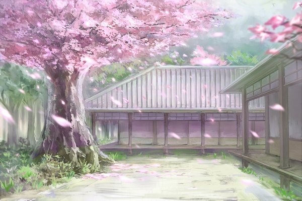 Anime picture 1700x1133 with touhou c.z. wind cherry blossoms no people scenic plant (plants) petals tree (trees) building (buildings) house japanese house