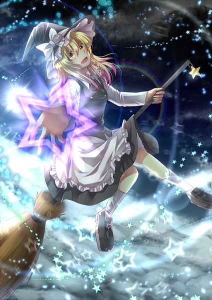 Anime picture 1000x1413 with touhou kirisame marisa single long hair tall image open mouth blonde hair yellow eyes magic flying girl dress bow star (symbol) witch hat broom