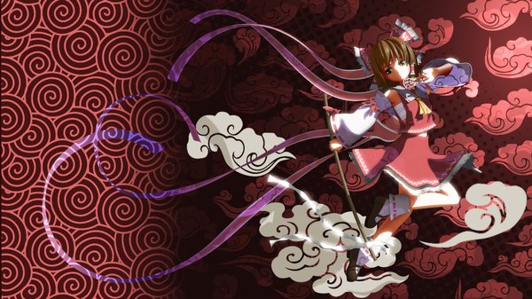 Anime picture 1920x1080 with touhou hakurei reimu highres brown hair wide image brown eyes braid (braids) twin braids miko girl ribbon (ribbons) detached sleeves hairband