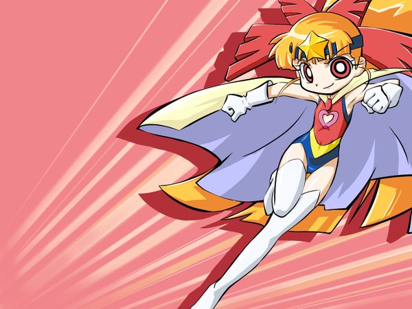 Anime picture 1440x1080 with powerpuff girls z toei animation hyper blossom akazutsumi momoko single long hair looking at viewer blonde hair smile red eyes flat chest cleavage cutout running superhero girl gloves boots white gloves hairband thigh boots