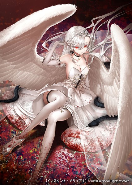 Anime picture 712x1000 with original megusuri single tall image fringe breasts light erotic hair between eyes red eyes sitting bare shoulders looking away cleavage silver hair very long hair arm up official art white wings girl thighhighs