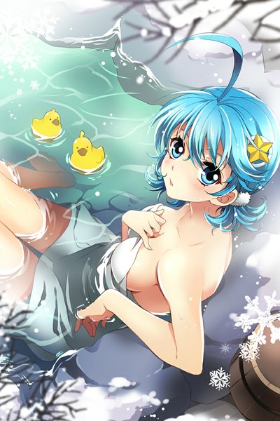 Anime picture 700x1050 with sword girls gart mca (dessert candy) single tall image looking at viewer short hair breasts blue eyes light erotic bare shoulders blue hair ahoge from above snowing winter snow naked towel girl hair ornament