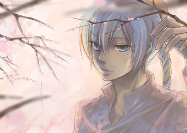Anime picture 1679x1200 with coralstone single blue eyes blue hair braid (braids) cherry blossoms face boy plant (plants) shirt tree (trees) choker branch