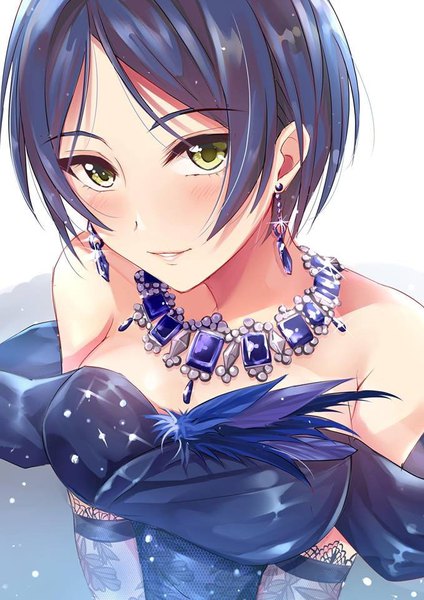 Anime picture 679x960 with idolmaster idolmaster cinderella girls idolmaster cinderella girls starlight stage hayami kanade gu li single tall image looking at viewer blush short hair breasts simple background white background bare shoulders yellow eyes blue hair cleavage upper body parted lips sparkle