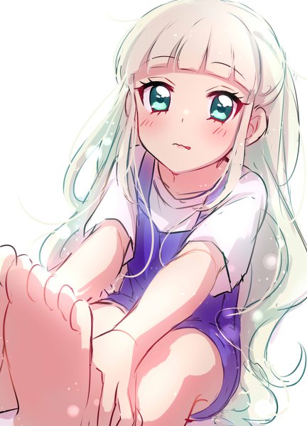 Anime picture 864x1200 with aikatsu! toudou yurika sekina single long hair tall image looking at viewer blush fringe simple background white background sitting green eyes payot white hair blunt bangs barefoot bare legs from below dutch angle
