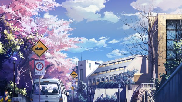 Anime picture 1280x720 with original gom jabbar wide image sky cloud (clouds) cherry blossoms city cityscape no people landscape street plant (plants) tree (trees) building (buildings) ground vehicle lamp car traffic sign sign