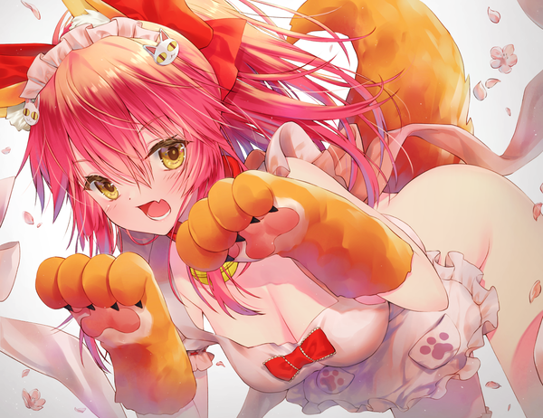 Anime picture 1300x1003 with fate (series) fate/grand order tamamo (fate) (all) tamamo cat (fate) kuro futoshi single long hair blush fringe breasts open mouth light erotic hair between eyes large breasts animal ears yellow eyes pink hair cleavage ponytail tail