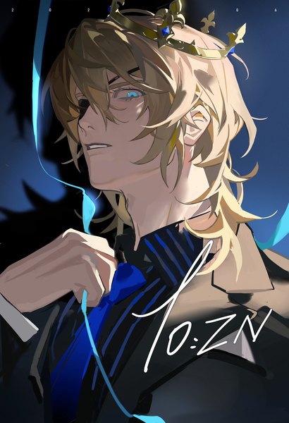 Anime picture 1400x2048 with fire emblem fire emblem: three houses nintendo dimitri alexandre blaiddyd zn (artist) single tall image looking at viewer fringe short hair blue eyes blonde hair hair between eyes upper body parted lips boy necktie eyepatch crown