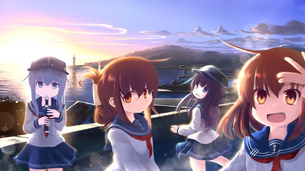 Anime picture 1920x1080 with kantai collection hibiki destroyer akatsuki destroyer inazuma destroyer ikazuchi destroyer abchipika long hair looking at viewer highres short hair open mouth blue eyes black hair brown hair wide image multiple girls brown eyes white hair wallpaper evening