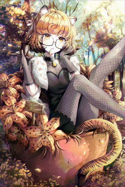Anime picture 2731x4096 with original mirage (rairudiseu) single tall image looking at viewer blush fringe highres short hair light erotic black hair sitting holding brown eyes animal ears bent knee (knees) outdoors tail animal tail multicolored hair