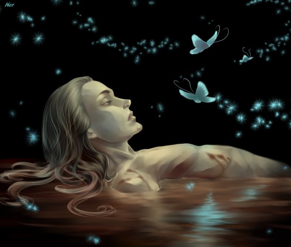 Anime picture 1640x1397 with nataly-g single long hair blue eyes blonde hair profile topless boy water insect butterfly