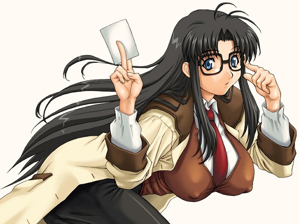 Anime picture 1024x768 with read or die j.c. staff yomiko readman long hair breasts blue eyes light erotic black hair large breasts erect nipples covered nipples messy hair glasses card (cards) gegera
