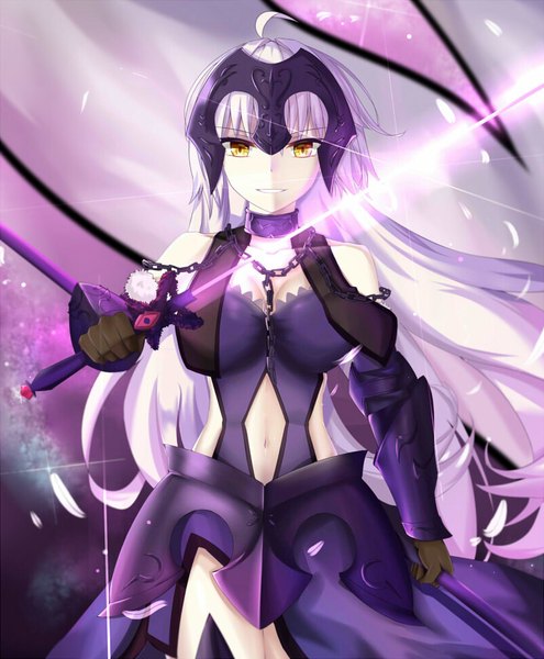 Anime-Bild 800x970 mit fate (series) fate/grand order jeanne d'arc (fate) (all) jeanne d'arc alter (fate) eternity (shadeh) single long hair tall image looking at viewer fringe breasts light erotic smile hair between eyes standing bare shoulders holding yellow eyes silver hair ahoge