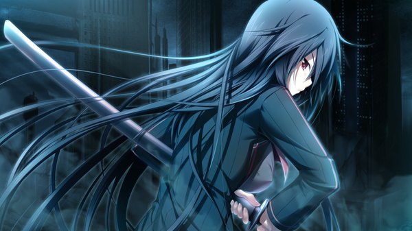 Anime picture 1024x576 with soukoku no arterial long hair black hair red eyes wide image game cg looking back girl uniform weapon school uniform sword katana