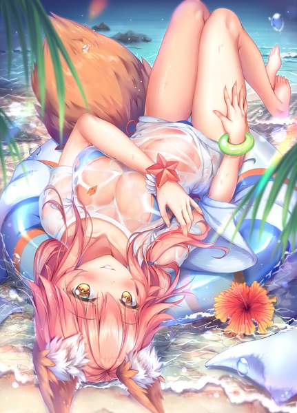 Anime picture 862x1200 with fate (series) fate/grand order tamamo (fate) (all) tamamo no mae (swimsuit lancer) (fate) shirakawako single long hair tall image looking at viewer blush fringe breasts light erotic smile hair between eyes large breasts animal ears yellow eyes pink hair bent knee (knees)