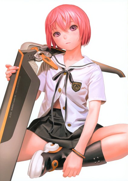 Anime picture 2463x3495 with shangri-la houjou kuniko range murata single tall image looking at viewer highres short hair simple background white background sitting purple eyes pink hair scan partially open clothes girl skirt weapon boots bracelet