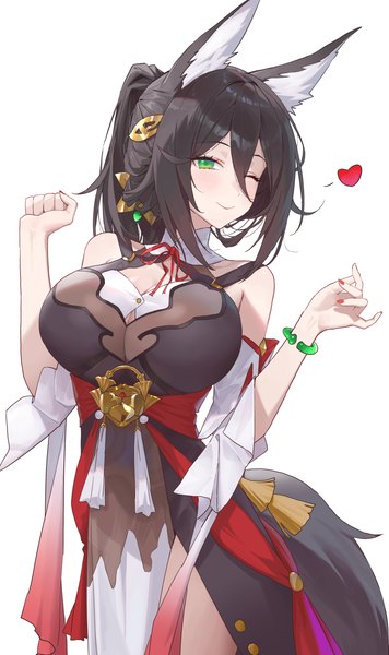 Anime picture 2480x4180 with honkai: star rail honkai (series) tingyun (honkai: star rail) gmirror1 single long hair tall image highres breasts light erotic black hair simple background smile large breasts standing white background green eyes animal ears ponytail tail