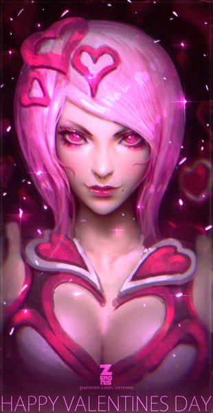 Anime picture 800x1544 with original paul (shiramune) single tall image looking at viewer fringe short hair breasts light erotic pink hair pink eyes lips realistic mole lipstick mole under mouth pink lipstick valentine girl