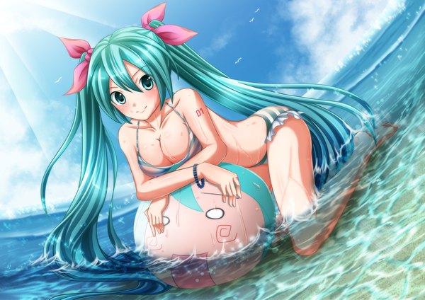 Anime picture 2922x2067 with vocaloid hatsune miku oolong tea single looking at viewer blush highres breasts light erotic smile twintails sky cloud (clouds) very long hair aqua eyes aqua hair girl bow swimsuit hair bow