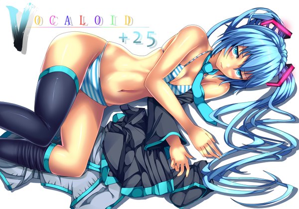 Anime picture 1500x1051 with vocaloid hatsune miku keita (siruvia9) single long hair blush blue eyes light erotic simple background white background twintails blue hair lying inscription girl thighhighs navel underwear panties necktie