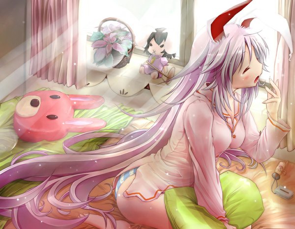 Anime picture 1024x796 with touhou reisen udongein inaba inaba tewi single long hair light erotic sitting purple hair eyes closed very long hair profile sunlight bunny ears kneeling yawn girl underwear panties flower (flowers) window